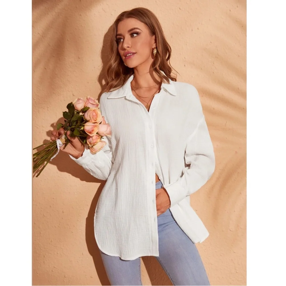 Cotton White Casual Shirt  Button Down Up Long Sleeve - Picture 7 of 9